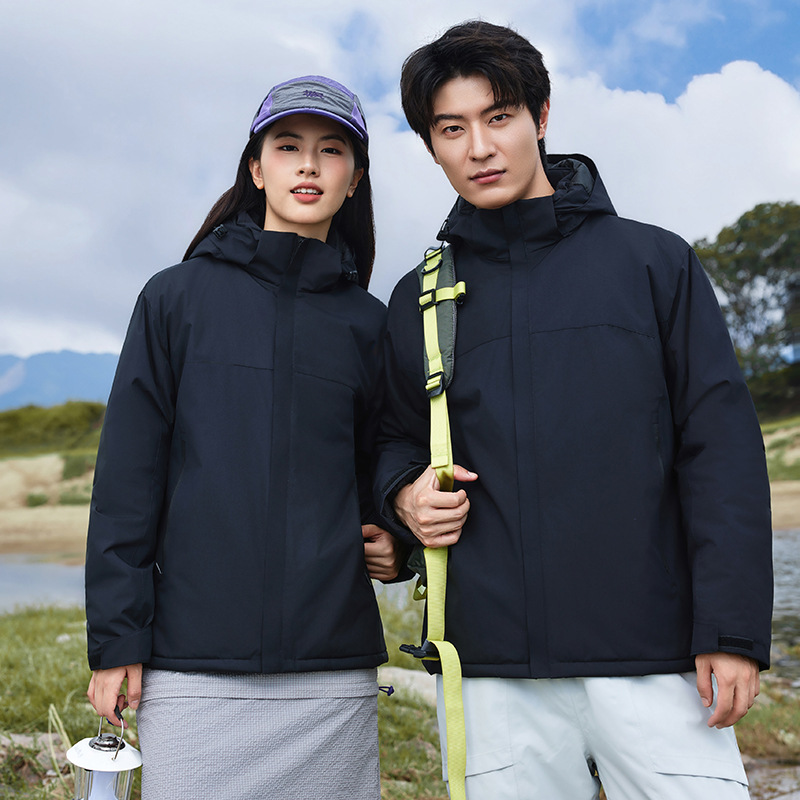 Ropa de algodón personalizada todo en uno, ropa de trabajo para parejas al aire libre, cortavientos y cálida, forrada de lana, chaqueta de invierno con impresión de logotipo.