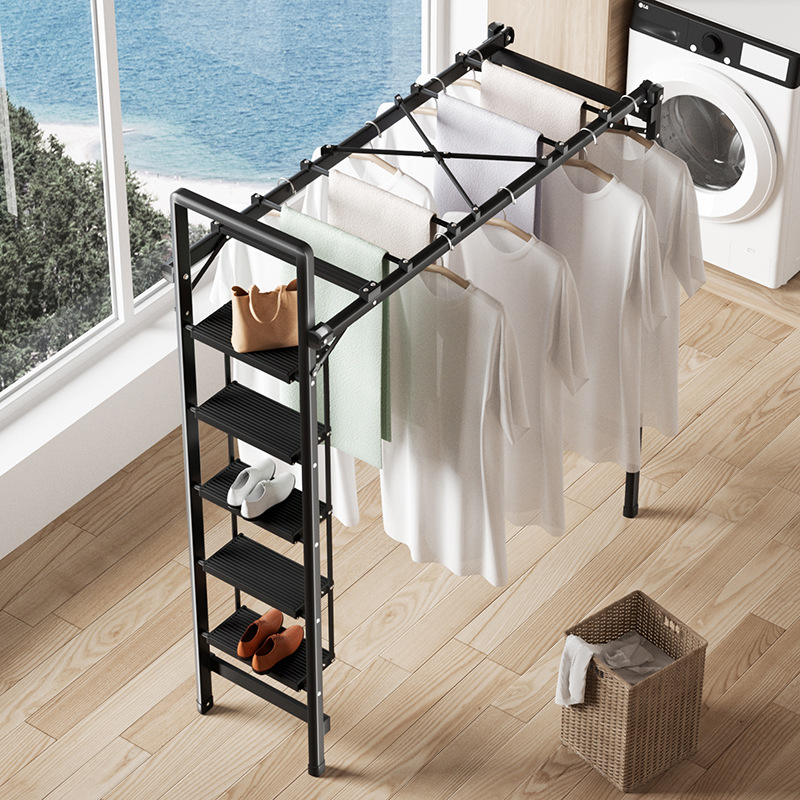家庭用多機能両用ハンガーは炭素鋼の室内干し折り畳み人字はしご家庭用はしごを厚くする