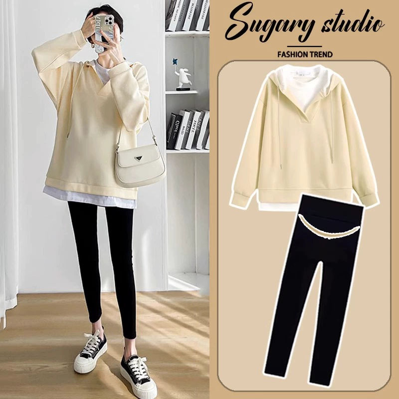 Осеннее платье для беременных с капюшоном, толстовка средней длины, скрытая прикладом, мода 2023, новый стиль, маленькая свободная весенне-осенняя верхняя одежда