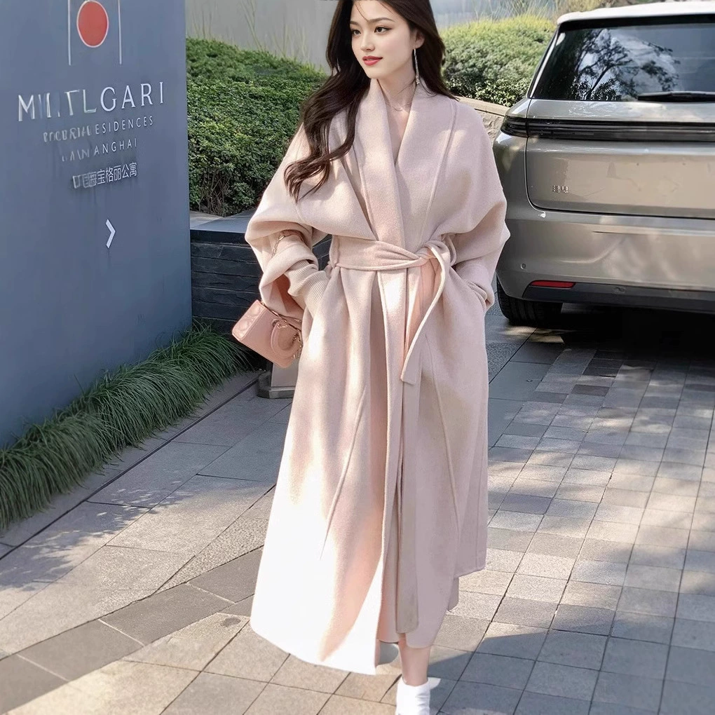 2024 осень и зима новый халат в стиле розовый двухсторонний пальто женский зимний средний длинный ремешок ручной работы темпераментный шерстяной жакет