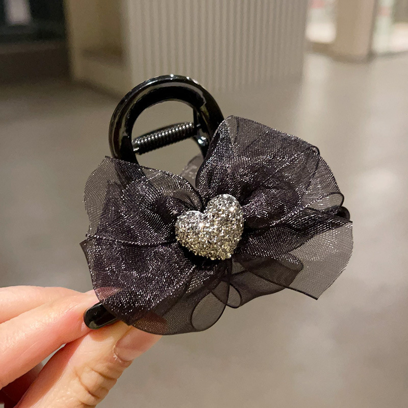 Advanced Satin Satin Big Black Bowknot Clip de tiburón Tocado Diamante cuadrado Horquilla en la parte posterior de la cabeza Clip de agarre Horquilla femenina