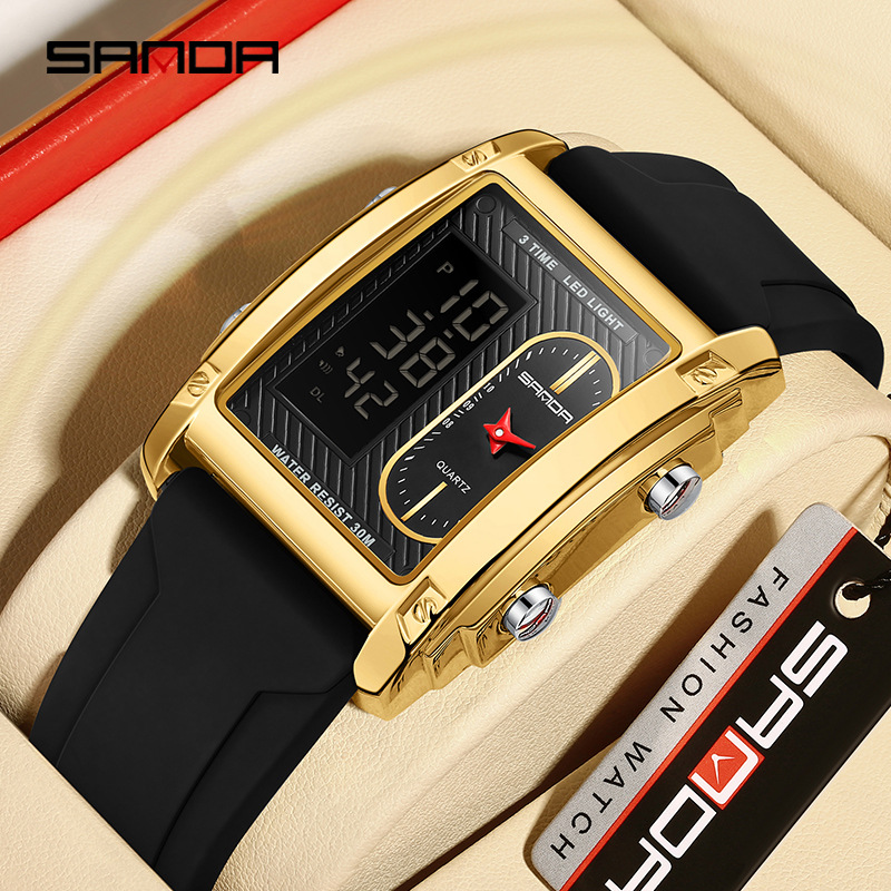 SANDA transfronterizo explosivo cuadrado hombre reloj electrónico de cuarzo impermeable moda multifunción doble pantalla reloj electrónico