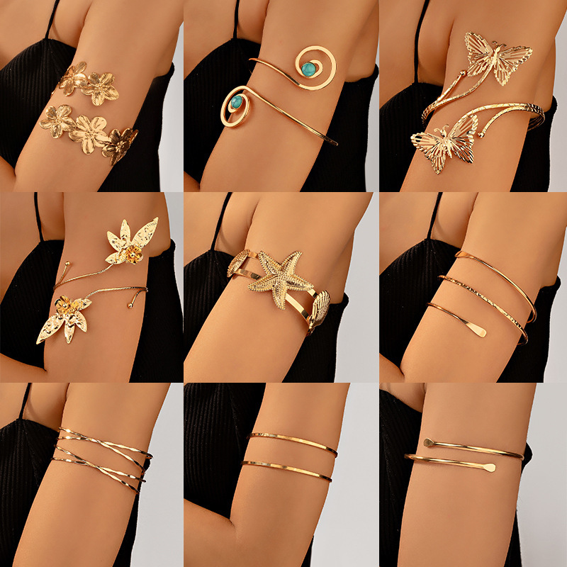 Cross-Border European and American Fashion Flower Butterfly Exaggerated Spiral Arm Ring Multi-Layer Geometric Bracelet Starfish Shell Upper Arm Bracelet