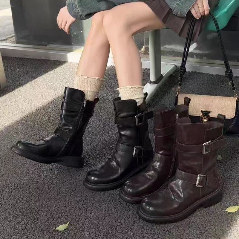 厚底骑士靴女2025秋新款真皮时尚百搭舒适圆头一脚蹬韩版机车靴子|undefined