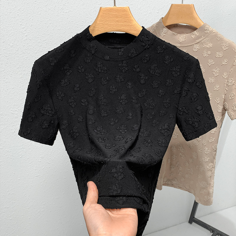 Camiseta de manga corta con cuello alto para mujer 2023 camiseta de otoño nueva camiseta de mujer vintage bordado jacquard top