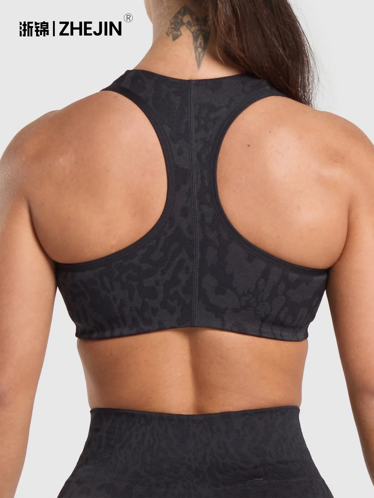 Tiburón con estampado de leopardo, pantalones de yoga transpirables sin costuras, pantalones cortos de fitness para correr, al aire libre, hermosa espalda, sujetador de yoga, mujer