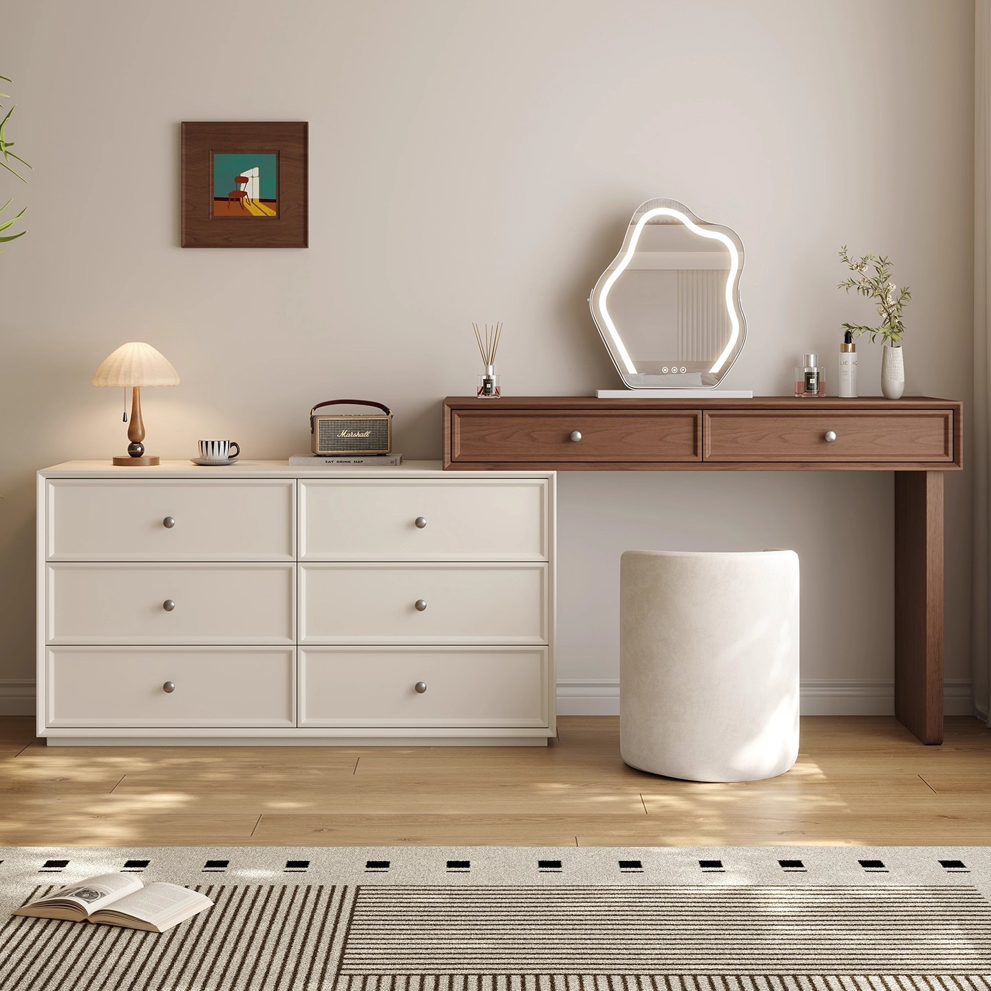 Cream Style Solid Wood Dresser and Cupboard Integrated Bedroom Modern Simple Storage Cabinet Makeup Table Bedside Table Storage Cabinet