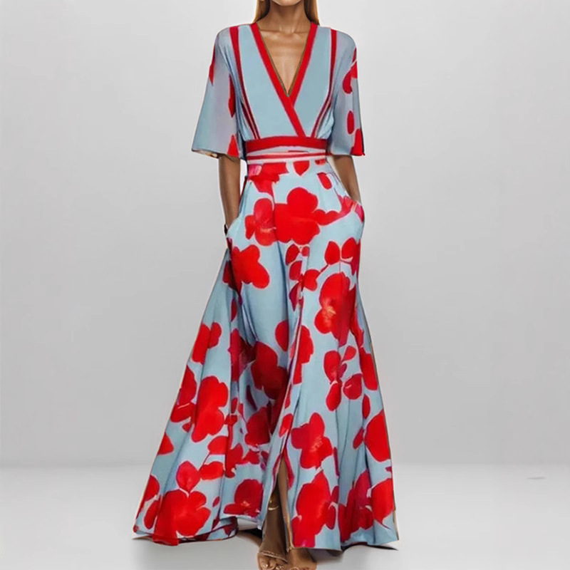 2025 New Amazon European and American Fashion Elegant Elegant V Neck Printed Pleated Large Skirt Long Dress
