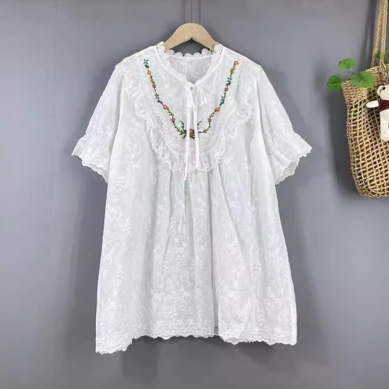 Summer New Lace Doll Collar Lace Embroidery Stitching Special Short Top Mori Women's Age-reducing Top for Women