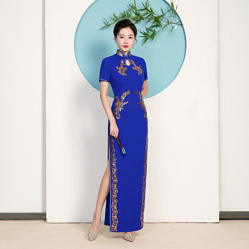 Restoring ancient ways the new Chinese Dresses Retro Qipao elegant temperament shows cheongsam mother royal blue long dress costumes female stage performance