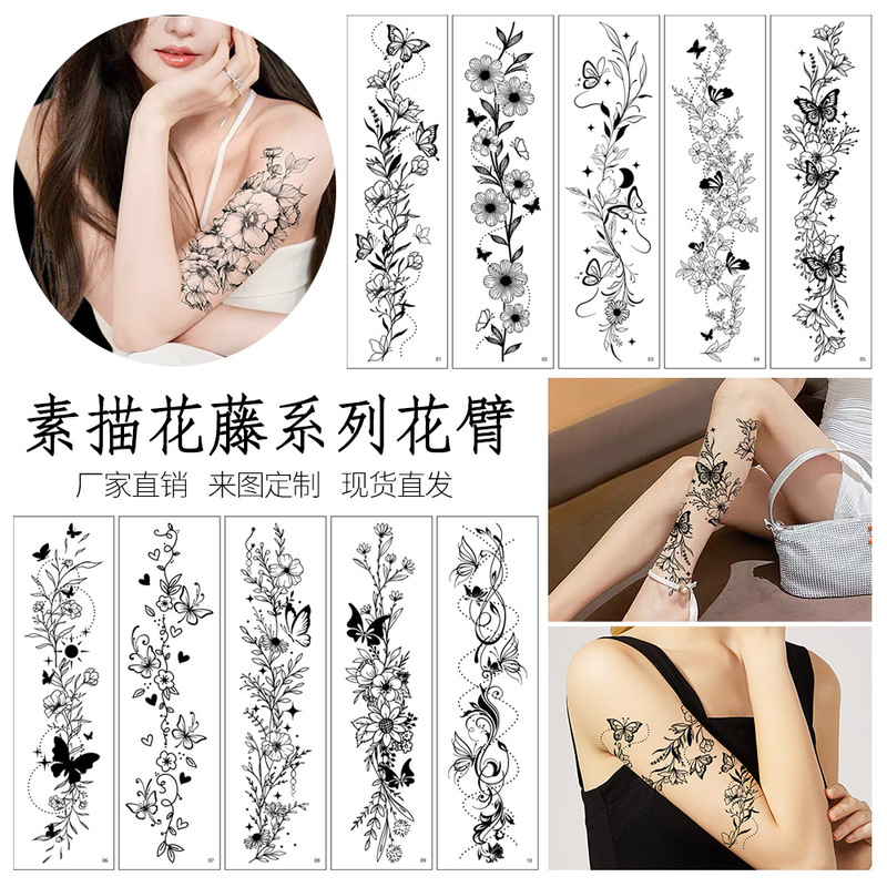 Cross-border New Flower Arm Wreath Tattoo Sticker Advanced Sense Black and White Butterfly Flower Arm Leg Temporary Tattoo Sticker