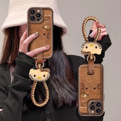 ケイティ猫の蝶結びのストラップはリンゴ13の羊皮の携帯ケース秋冬16/15proシリコンゴムの転倒防止14を適用します。