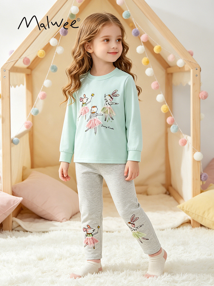 Traje de niña malwee transfronterizo otoño e invierno nuevo estilo europeo y americano niños pequeños y medianos cuello redondo manga larga cintura elástica pantalones de dos piezas