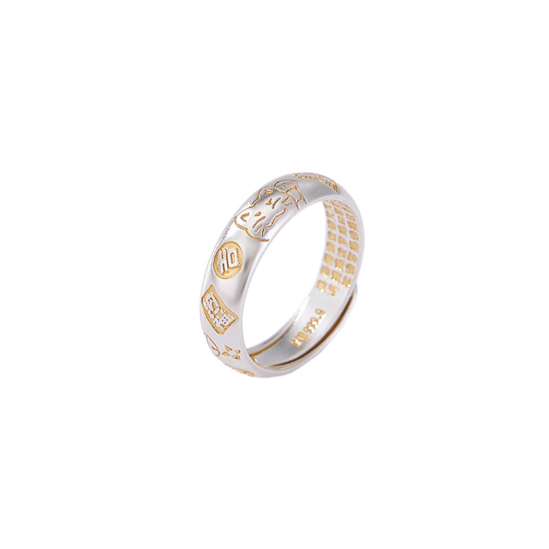 Nhẫn bạc nguyên chất S999.9 khắc chữ Tâm Kinh và hình mèo may mắn, họa tiết hoa sen mở — một mảnh