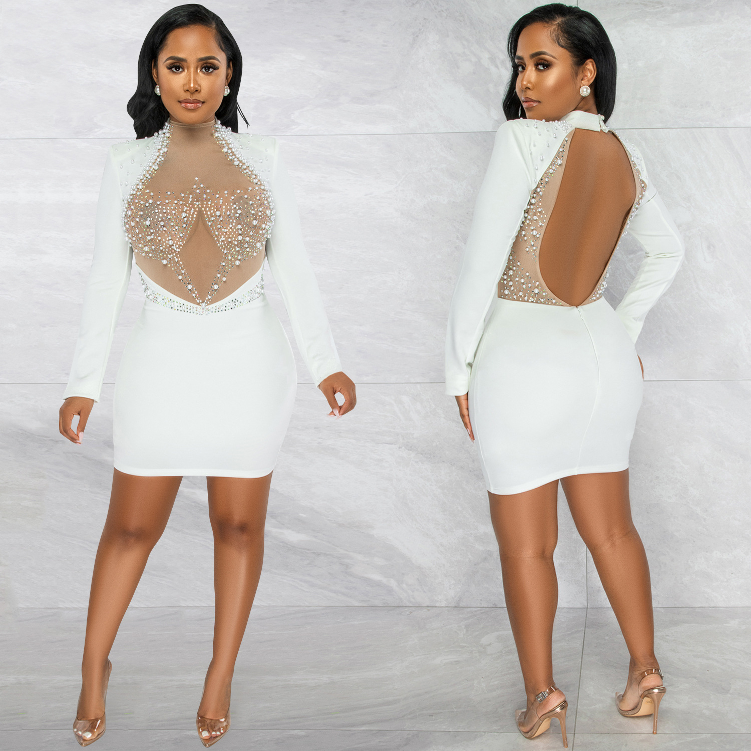 X5681 AliExpress moda sexy club nocturno caliente rhinestone malla ver-a través de espuma sin respaldo de manga larga MIDI vestido de las mujeres