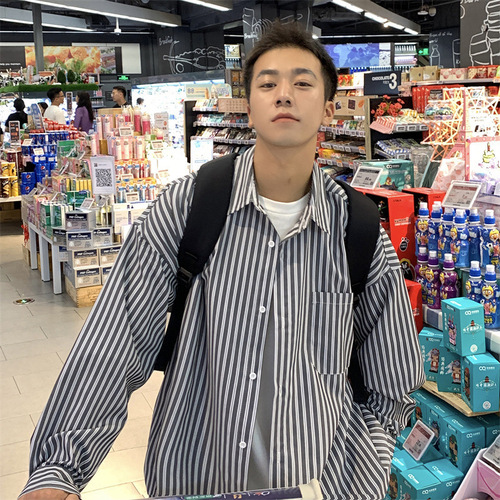 Striped long-sleeved shirt, men's spring and autumn Hong Kong style, Japanese coat, design, niche shirt, autumn handsome and fashionable top