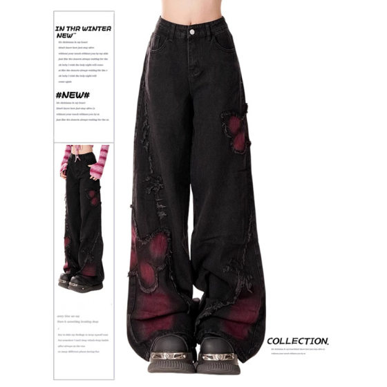 Black Sweet Cool Jeans Women's Spring New Washed Old Woolen Wide Leg Pants Butterfly Pattern Design Sense Pants