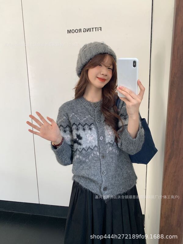 韩系小狗蝴蝶结费尔岛毛衣外套女秋冬新款宽松显瘦小众针织开衫|undefined