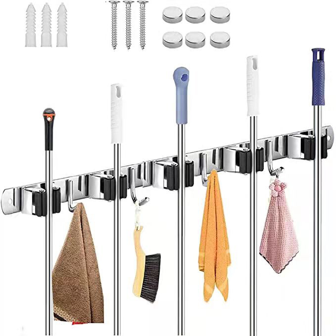 Cross-border 304 stainless steel hole-free broom hook broom clip broom stand multi-functional wall-mounted bathroom hanging accessory