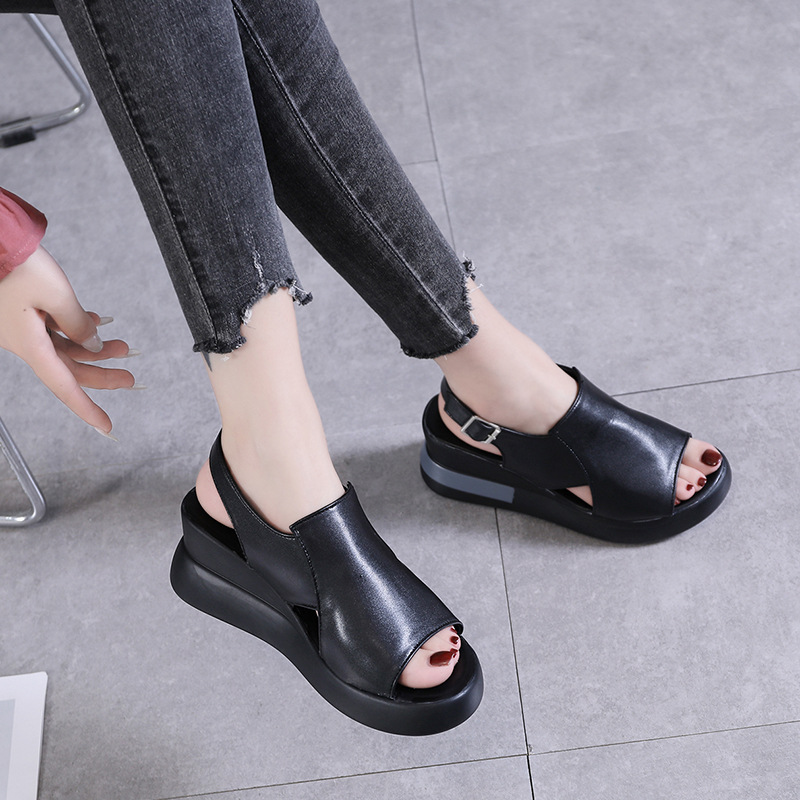 Thick Bottom Wedge Sandals Women's 2021 New Summer High-heeled Fish Mouth Women's Shoes Soft Leather Raised Platform Shoes