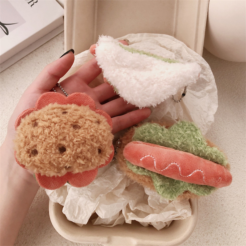 Red roja pastel ceroso suave hamburguesa muñeca colgante de dibujos animados sándwich de felpa perro caliente bolsa llavero accesorios al por mayor