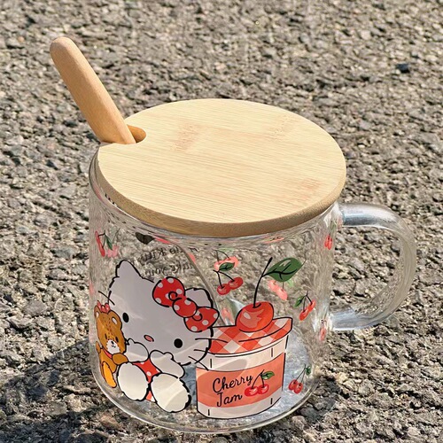 New Ins Borosilicate Glass Handle Printed Milk Cup Microwaveable Household Glass Water Cup