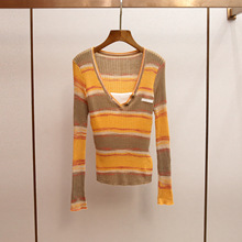 深圳南油高端女装春季新款法式复古时髦修身条纹长袖针织衫女上衣