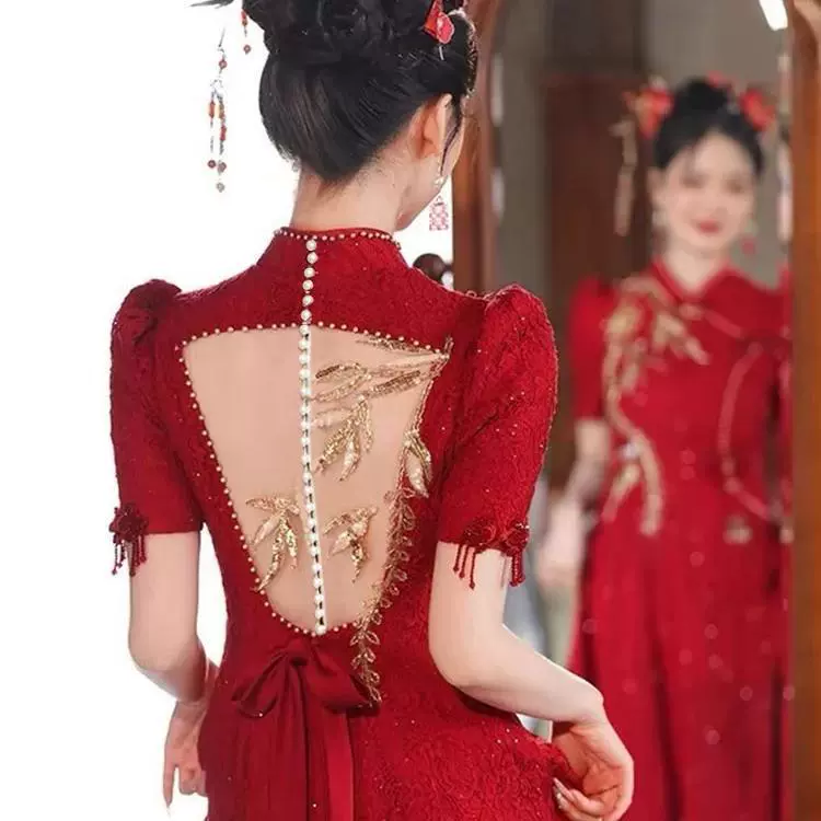 敬酒服新娘结婚红色订婚礼服高级感重工气质立领新款小众设计秋冬