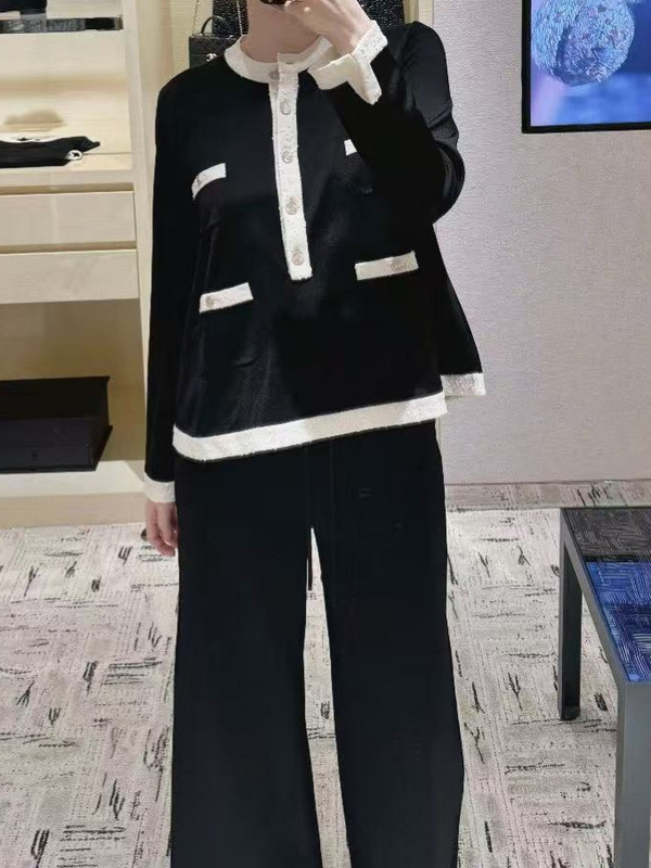 南油高定！yb开发25秋撞色V领黑白拼色喇叭袖针织开衫短款外套|undefined