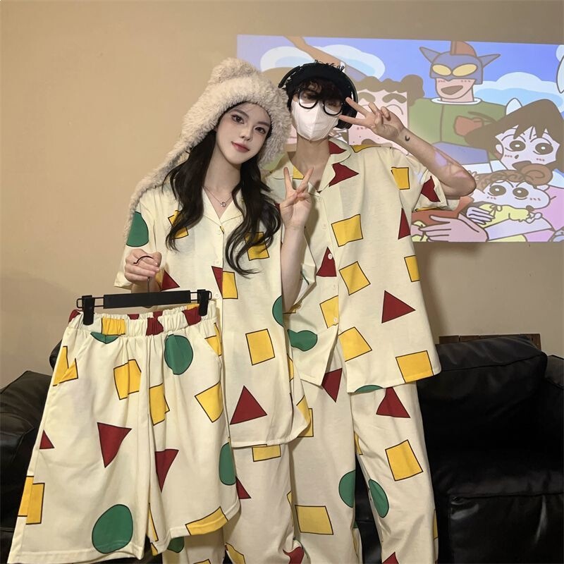 Geometric Crayon Shin-Chan Style Couple's Pajamas for Women, Summer Thin Short-Sleeve Men's Three-Piece Loungewear Set