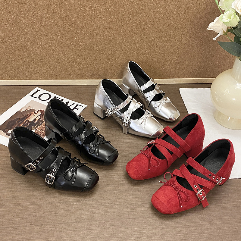 Inner Heightening Square Toe Bow Belt Buckle Shallow Mouth Mary Jane Shoes for Women 2025 Spring New Soft-Soled Ballet Shoes