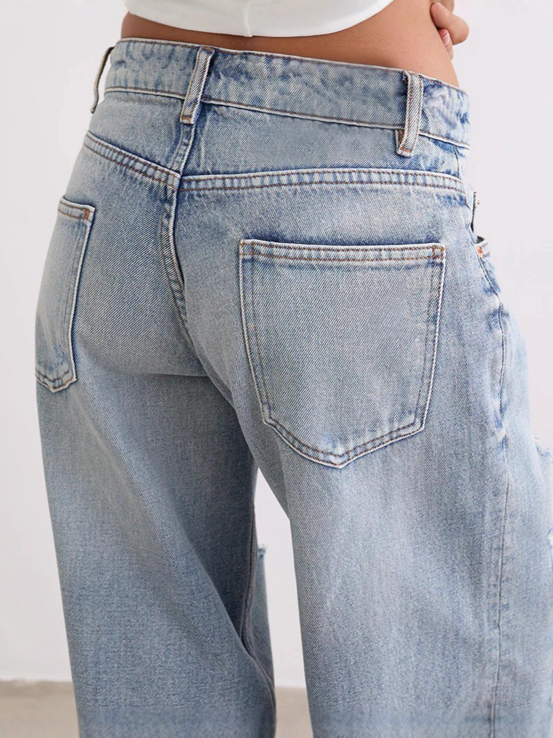 Jeans Rectos Rotos para Mujer de Mezclilla con Efecto Desgastado image 6