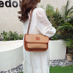 復古編織拼接小方包女2024新款腋下通勤草編單肩包時尚鏈條斜挎包