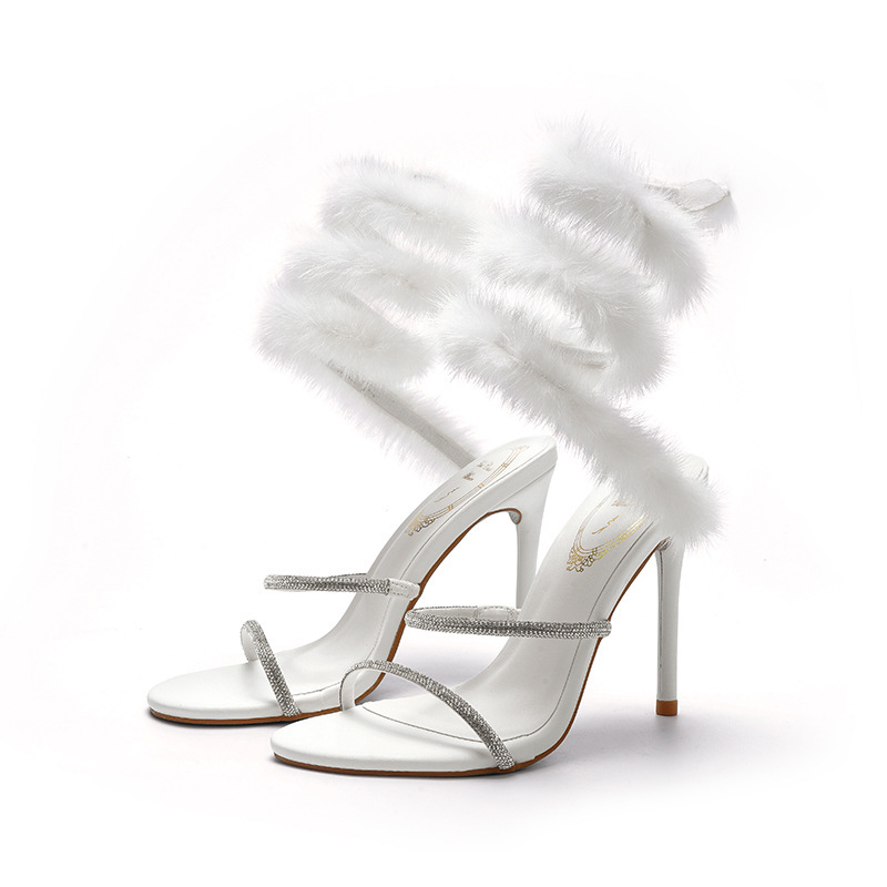 「AMINIFOX」RC heavy-duty sandals, white furry straps, silver platform stiletto high heels