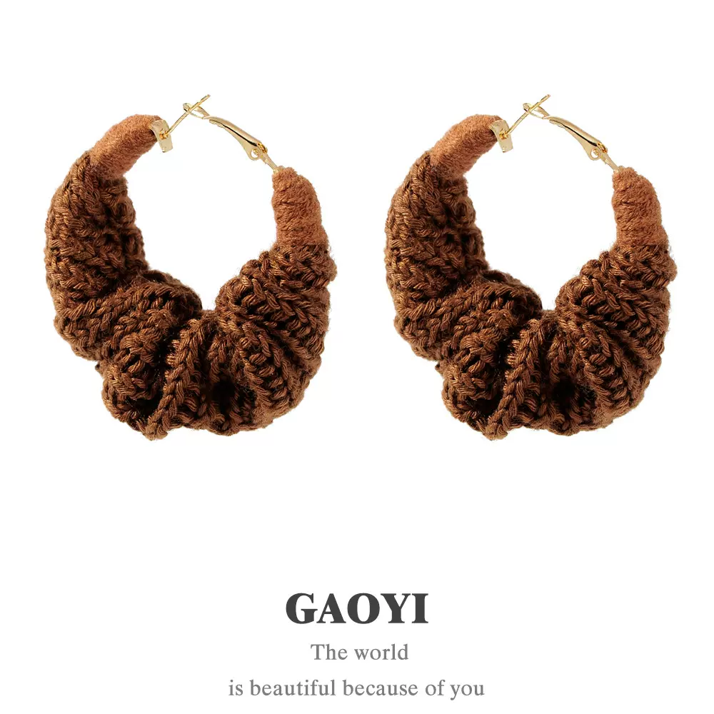 高亿跨境时尚秋冬款时尚手工编织毛线圈圈耳环个性简约手工耳饰女