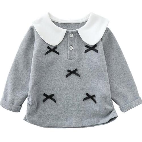 Baby girl collared t-shirt with color-blocked butterfly bow, long-sleeved, children's innerwear, spring and autumn style