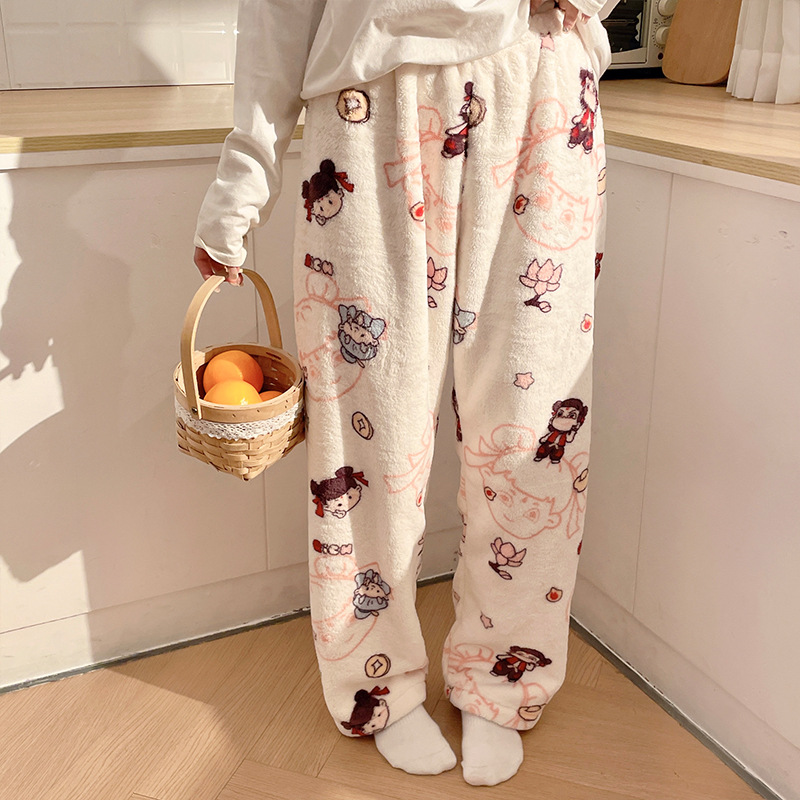 Pantalones de pijama de franela de dibujos animados de otoño y invierno para mujeres con pantalones de lana de coral caliente para estudiantes de lana de invierno para el hogar