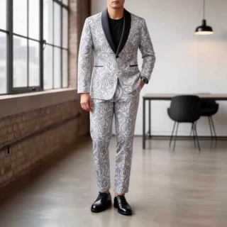 跨境男士提花西装外套修身宴会婚礼主持礼服一粒扣西服男装潮流款