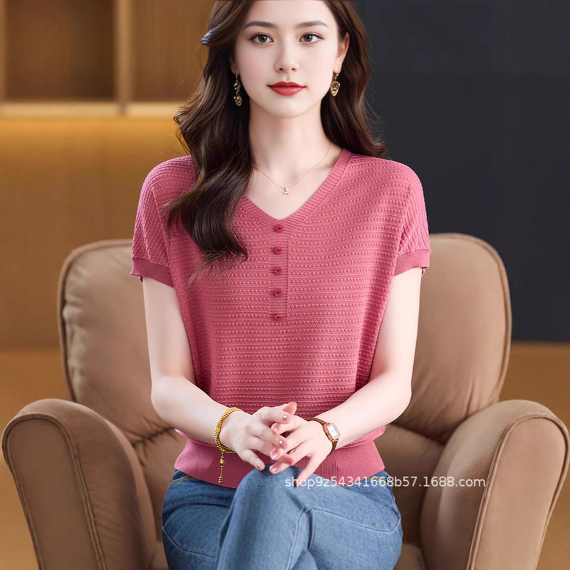 1 夏のアイスシルクニット半袖 Tシャツ女性のための 2025 新しいファッション多用途 V ネック薄型快適な Tシャツトップス女性のための|undefined