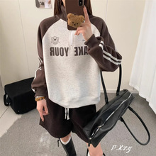 031 冬季新款加绒加厚慵懒风立领卫衣女撞色插肩袖字母休闲绒衫女