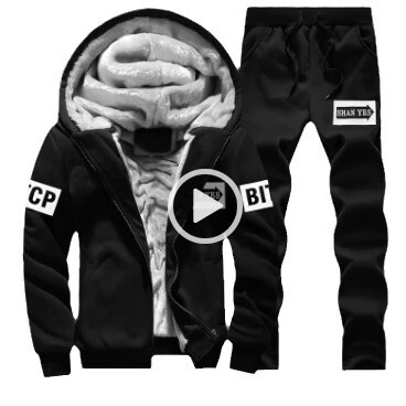 Winter velvet thick long-sleeved suit blue men's casual sports hooded coat straight pants two-piece set