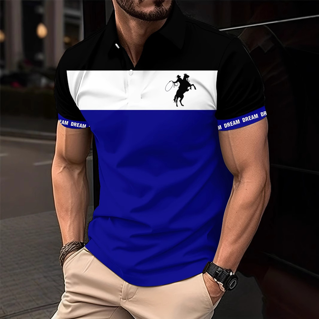 2025 European and American Cross-Border Independent Station Summer Men's Color-Blocked 3D Printed Short-Sleeved Button Lapel Casual Polo Shirt