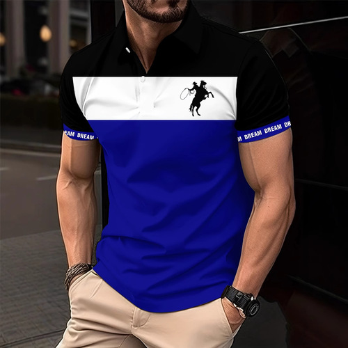 European and American Independence Station Summer Men's Color Matching 3D Print Short-Sleeves Button Lapel Casual Polo Shirt No