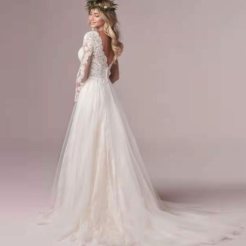 Comercio exterior europeo y americano Amazon AliExpress deseo elegante vestido de novia con cuello en V vestido de novia de manga larga de encaje largo