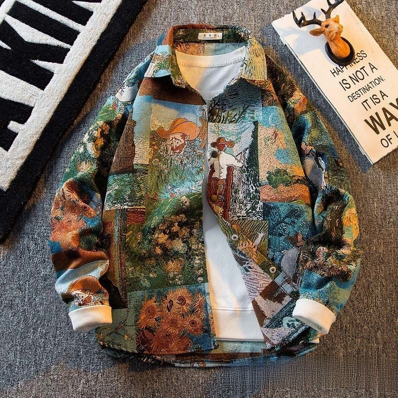 Men's American vintage retro Van Gogh oil painting shirt, long-sleeved trendy brand shirt for art students, casual jacket Men's American vintage retro Van Gogh oil painting shirt, long-sleeved trendy brand shirt for art students, casual jacket