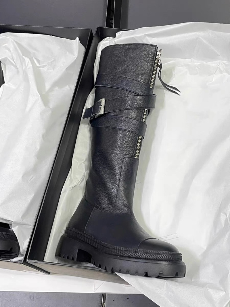 Women's Martin Boots, Made Of Genuine Leather, Knee-high Design, With Belt Buckles, Thick Soles, Suitable For Motorcycle Riding, High-top Style._voghion.com