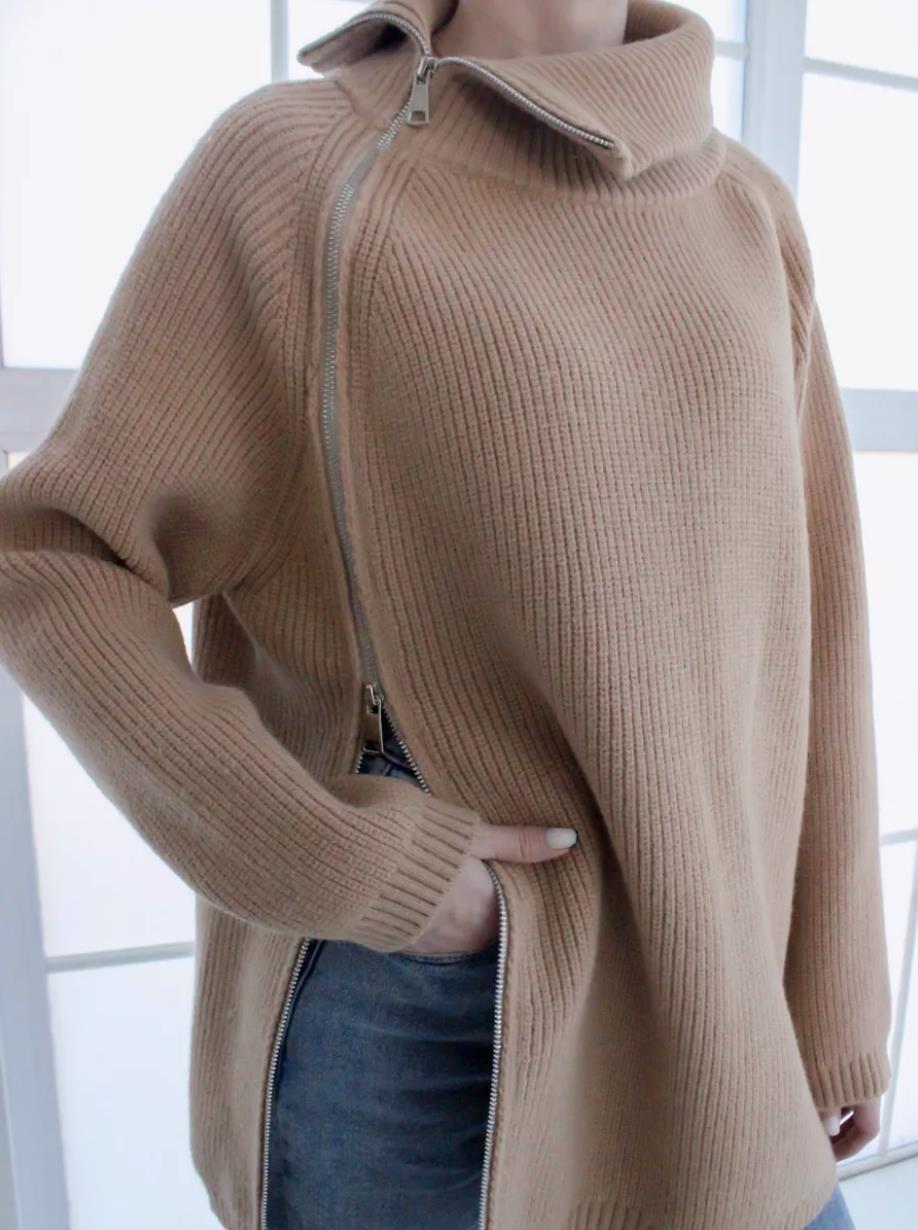 Pull tricoté sexy à col haut et fermeture éclair de style paresseux, haut chaud à manches longues et ample pour vêtements d'extérieur, tendance et épais_voghion.com