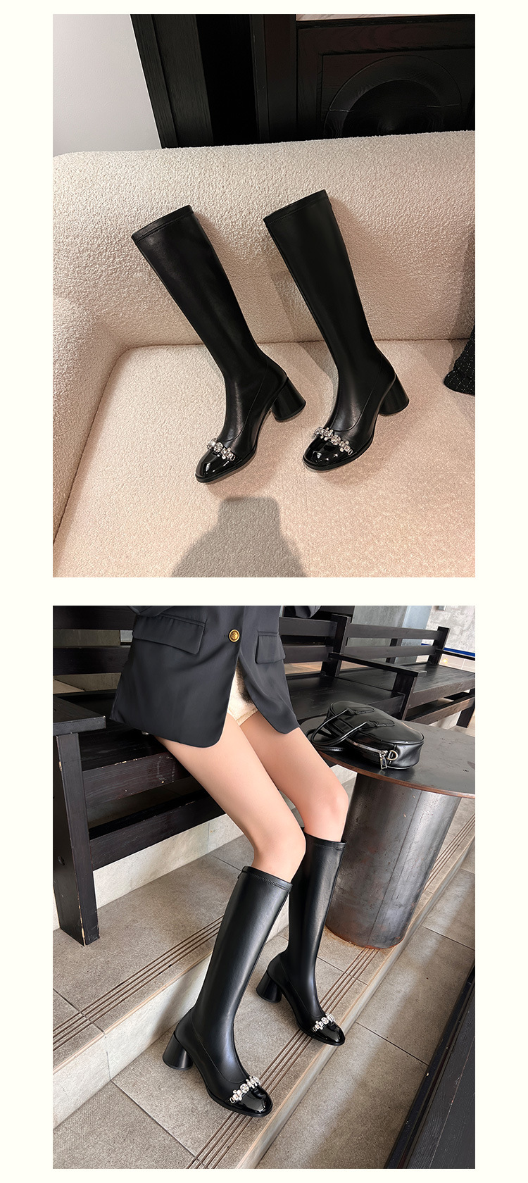 Boot nữ cổ cao ôm bắp chân phong cách vải tuýt, gót thô 5 cm, đế dày, mũi tròn — nhung đen, Lớp lót đơn màu trắng nhạt, Lớp lót đơn màu đen, Lớp lót nhung màu trắng nhạt chi tiết 12