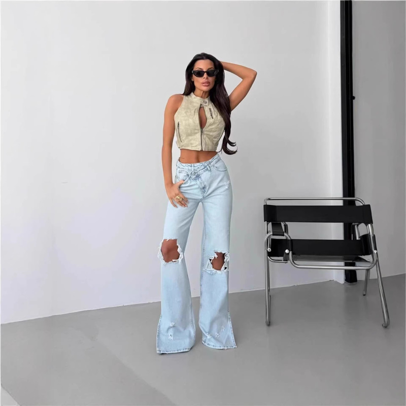 European and American Cross-Border Trade Niche Washed and Distressed Ripped Casual Versatile Loose Straight-Leg Jeans for Women European and American Cross-Border Trade Niche Washed and Distressed Ripped Casual Versatile Loose Straight-Leg Jeans for Women