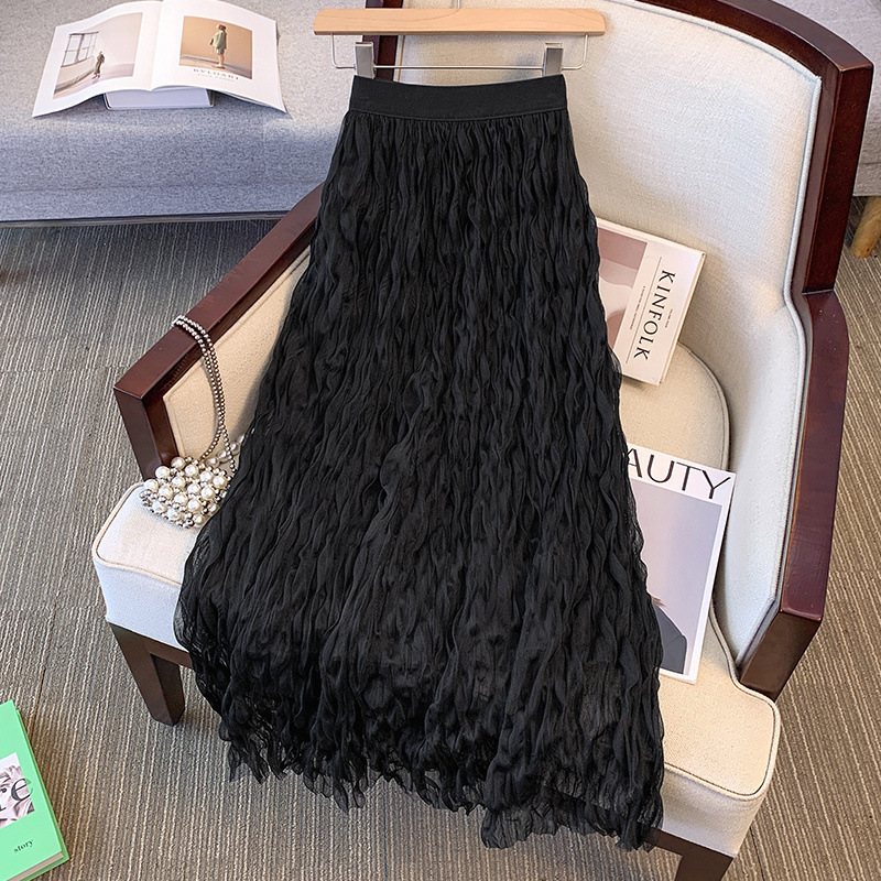 Elegant Black Pleated Skirt for Women 2025 Summer New High-Waist Slim Mid-Length Large Hem A-Line Gauze Skirt